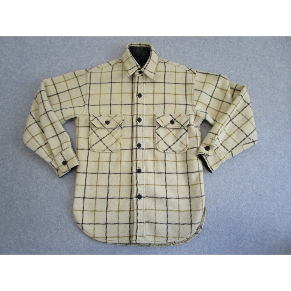 Vintage 70s CPO Shirt Mens Small Plaid Cream Wool Heavy Blend Navy Anchor